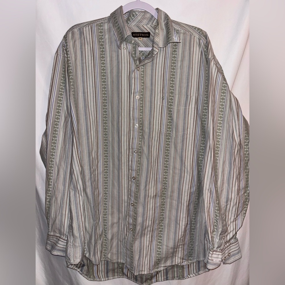 Stetson Western Men’s XL Shirt Green Striped Long Sleeve Button Down
